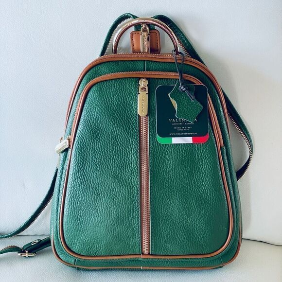 NWT Valentina Green Tan Italian Genuine Leather Convertible Sling Backpack Bag main image 6